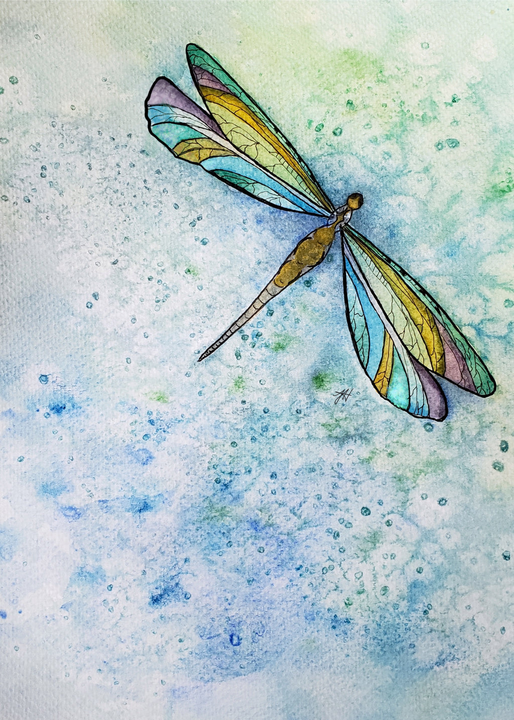 Colorful dragonfly illustration on a watercolor background
