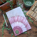 Notebook with a pink flower design on a wooden surface with a mug and cork pieces.