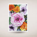 Colorful floral arrangement with pink, purple, and orange flowers on a light beige background