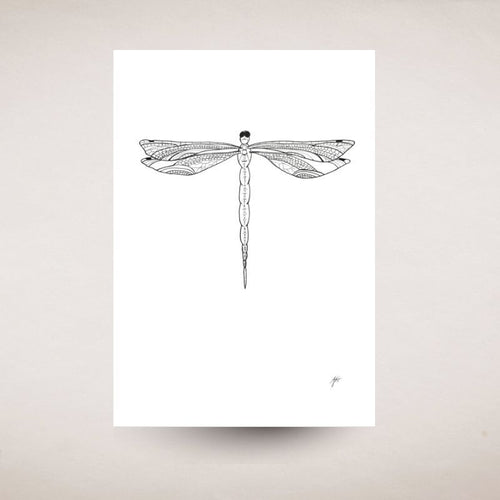 Black line drawing of a dragonfly on a white background
