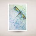 Colorful dragonfly illustration on a watercolor background
