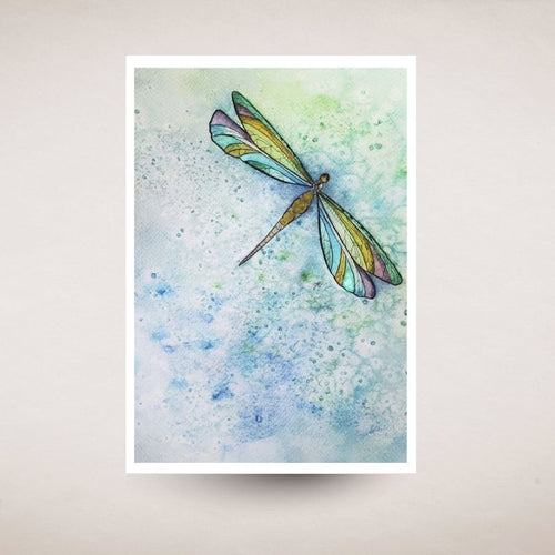 Colorful dragonfly illustration on a watercolor background