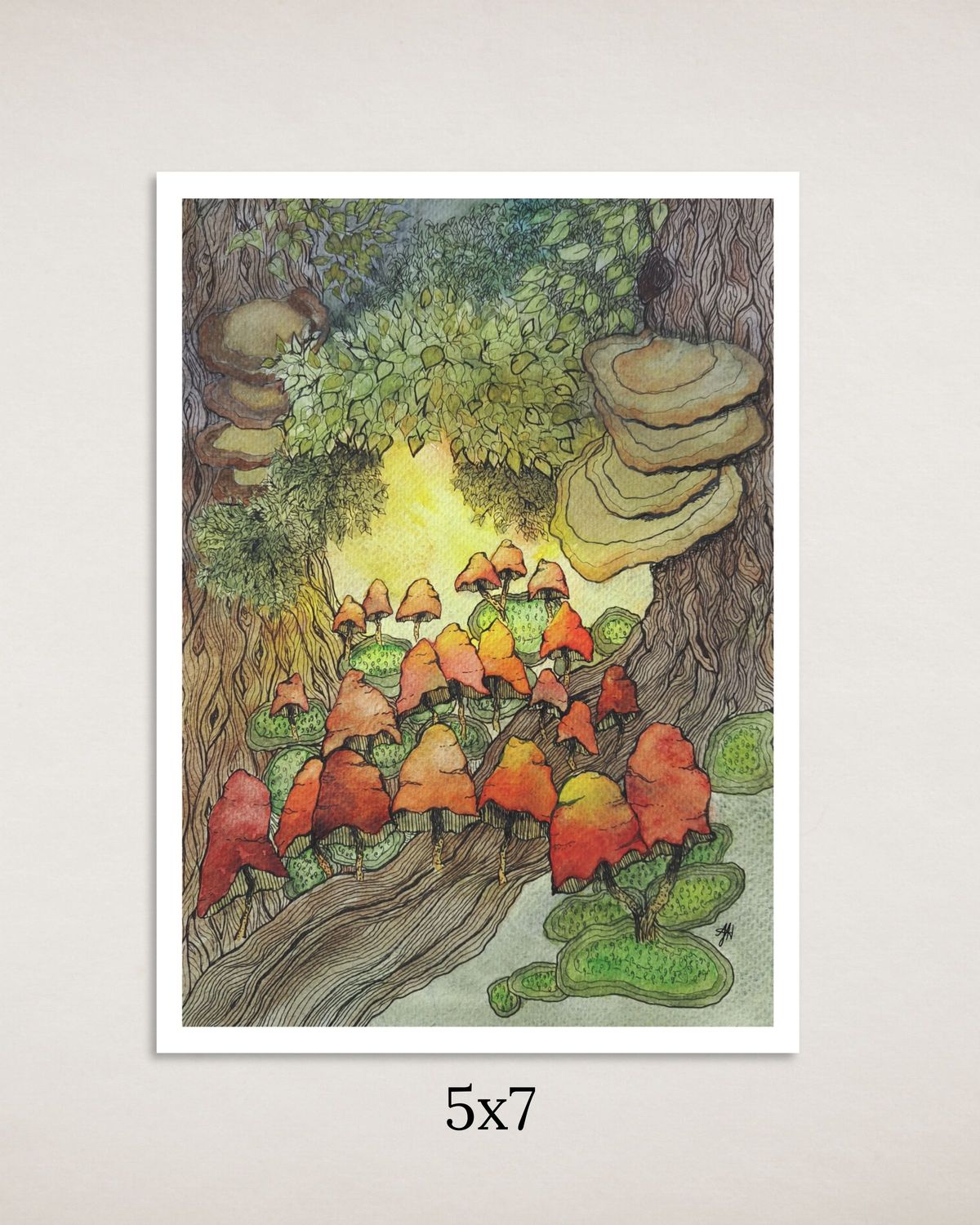 Framed artwork of a forest scene with mushrooms and trees on a light gray background.