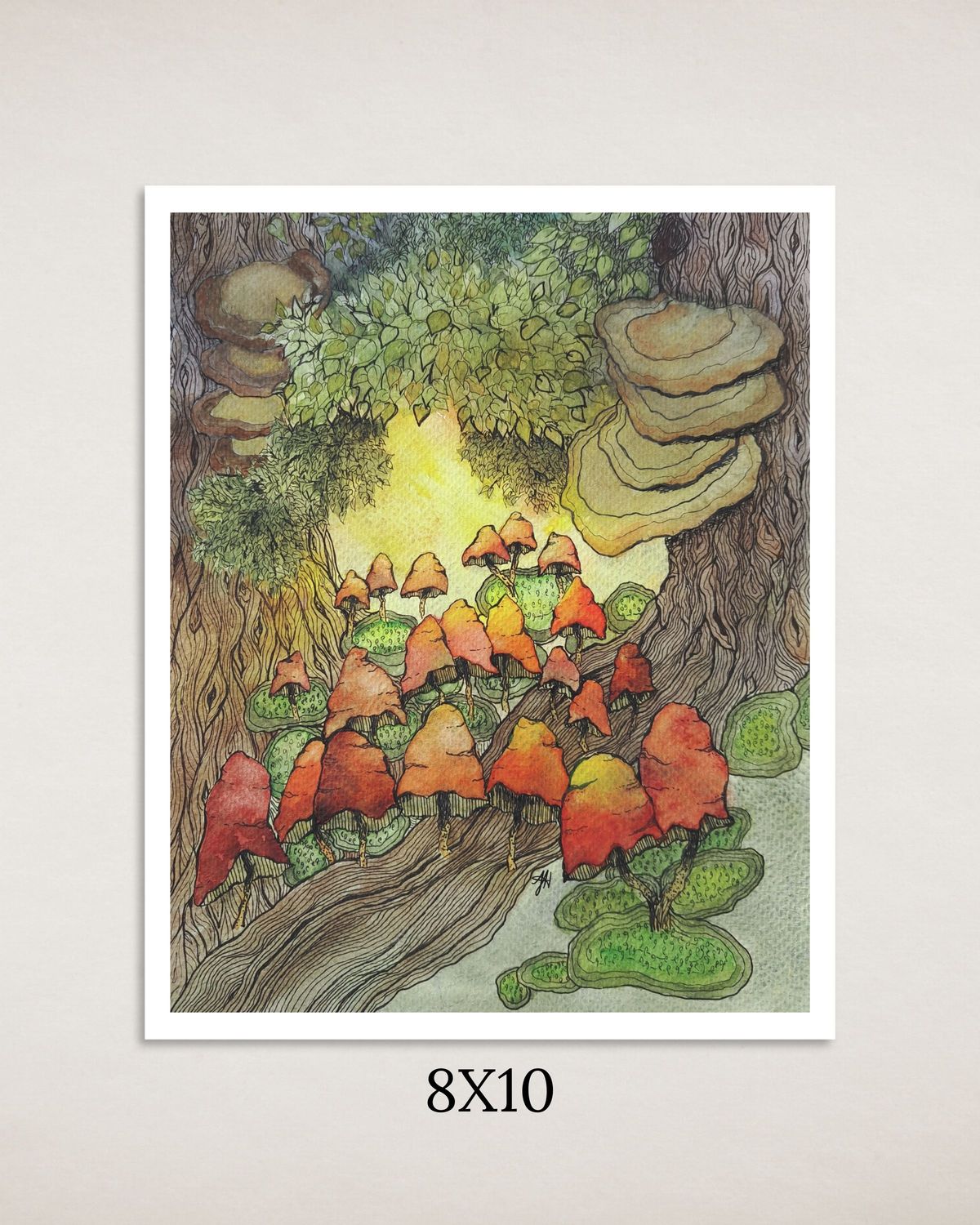 Framed illustration of a forest scene with colorful mushrooms on a light gray background.