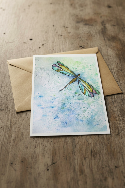 Dragonfly Repose card with kraft envelope on wooden table