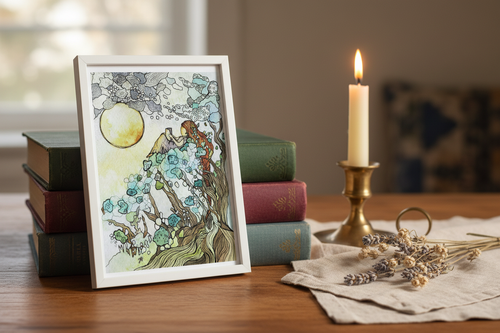 Never Forget art print in a white frame leaning against books on a wooden desk with a brass candlestick and dried flowers