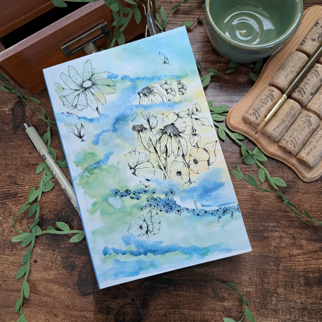 Misty Wildflowers Journal — Flat Lay Mockup