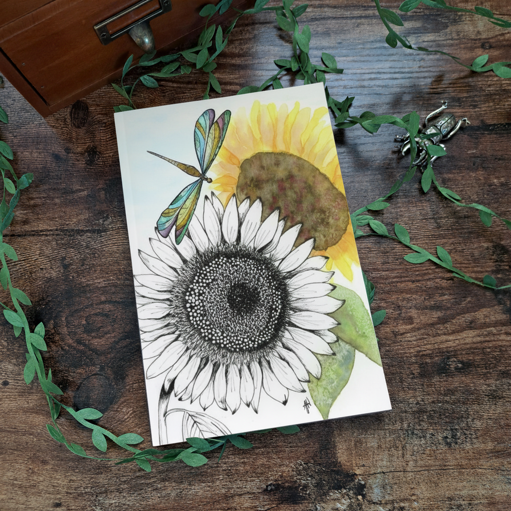 Sunflowers and Dragonfly Journal — Flat Lay Mockup