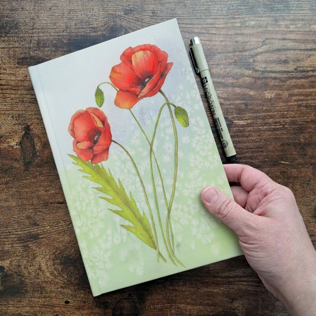 Sunny Poppies Journal — Hand Mockup