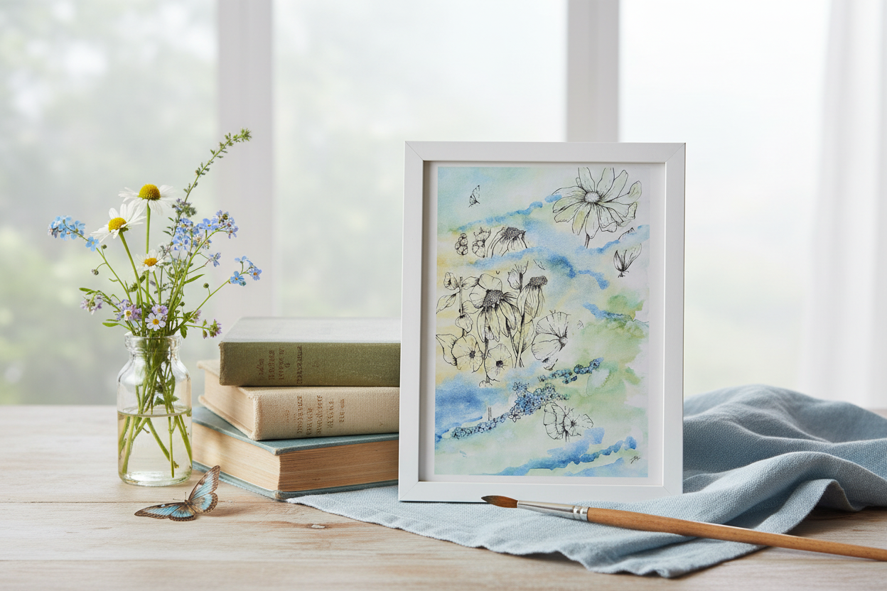 Misty Wildflowers 5x7 Cottagecore Desk Mockup