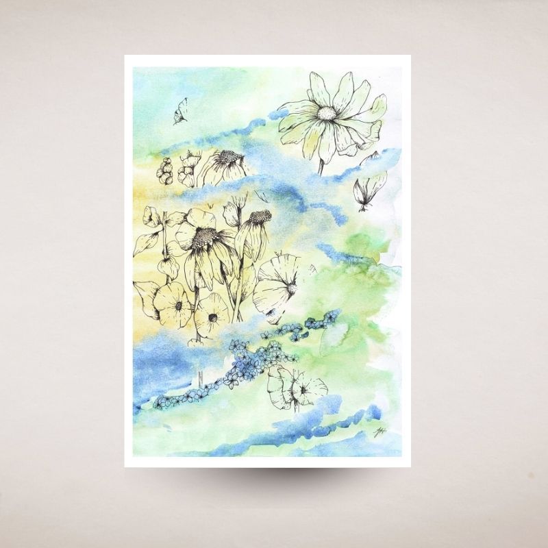 Card art print with watercolor  and ink flowers and butterflies on a light background