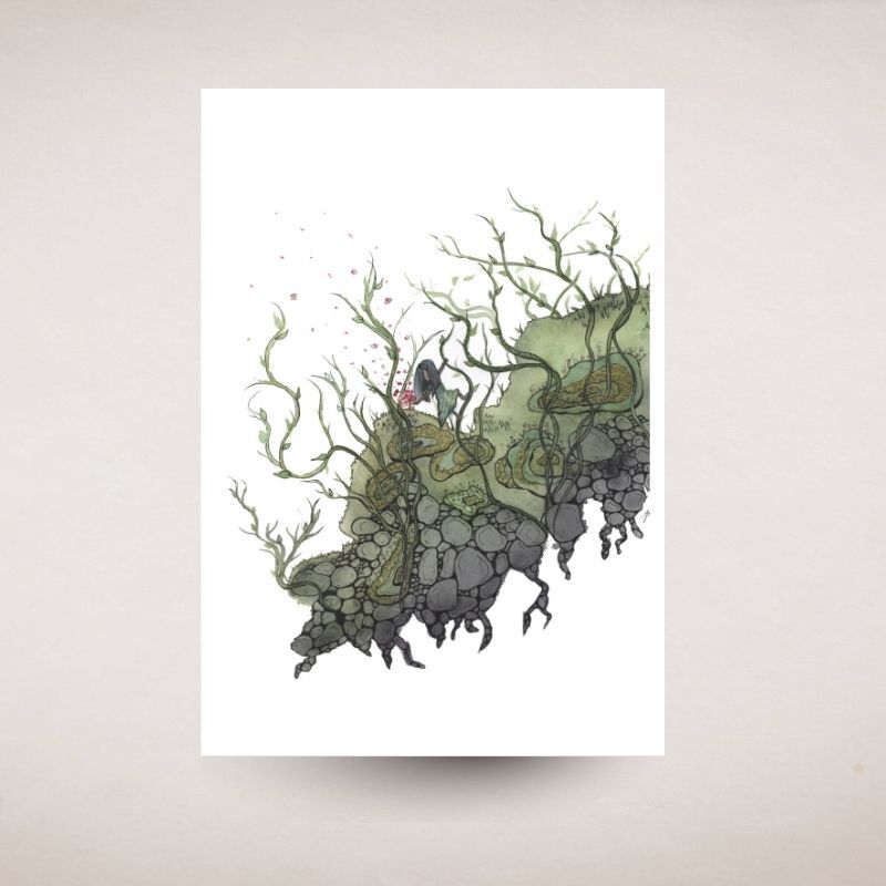 Artistic depiction of a person intertwined with nature elements on a white background