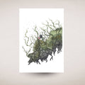 Artistic depiction of a person intertwined with nature elements on a white background