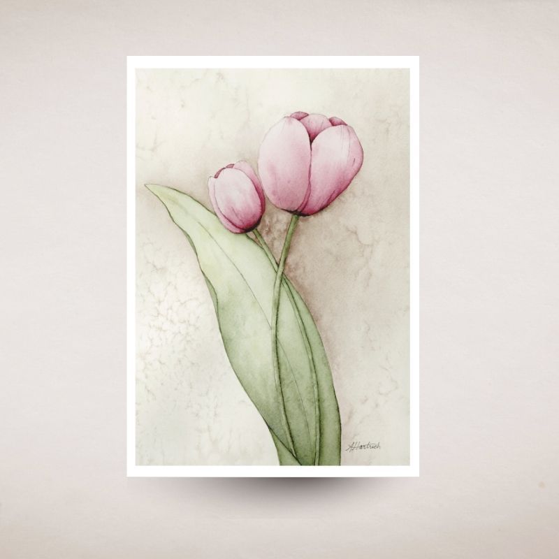 Card art print of two pink tulips on a textured beige background