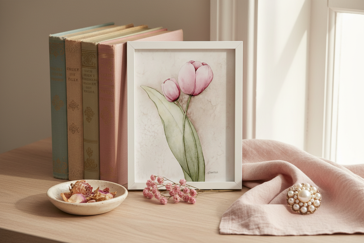 Pink Tulips 5x7 Cottagecore Desk Mockup