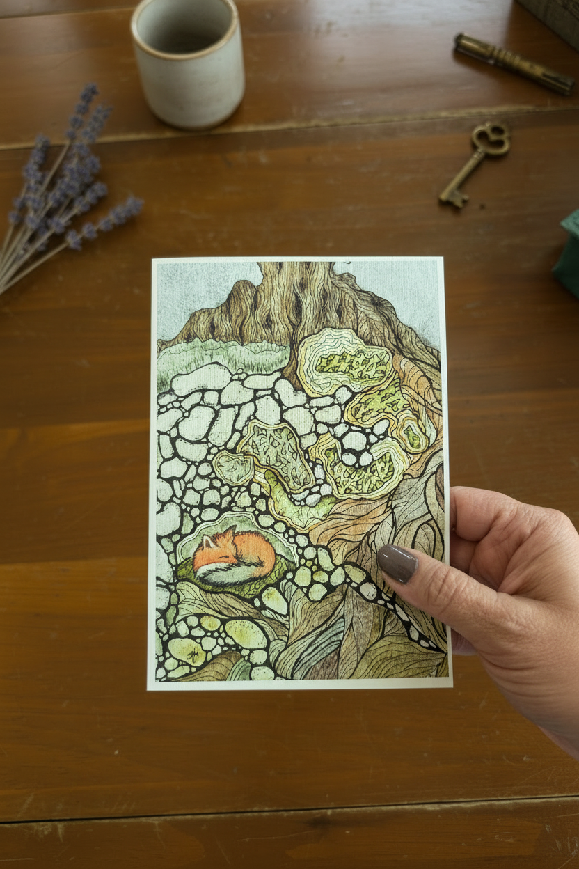 Pockets of Stillness card held in hand - cooler tone