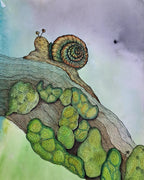 Colorful illustration of a snail on a branch with moss with a watercolor background.